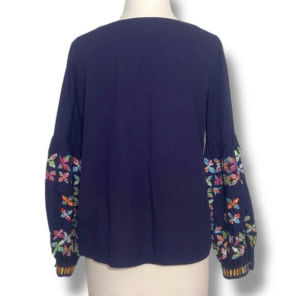 Maeve Sonja Anthropologie Top Blouse Size 4 Blue Embroidery Puffed Sleeves - Picture 3 of 10